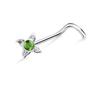 Green Stone Leaf Silver Curved Nose Stud NSKB-673